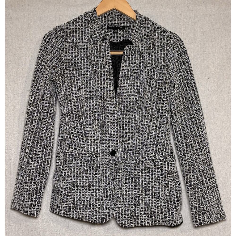 Banana Republic Women’s XS Boucle‎ Knit Blazer Gray Black One Button Career